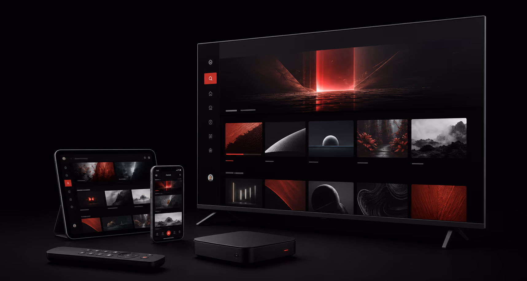 KenoaTV interface displayed on a television, tablet, and phone